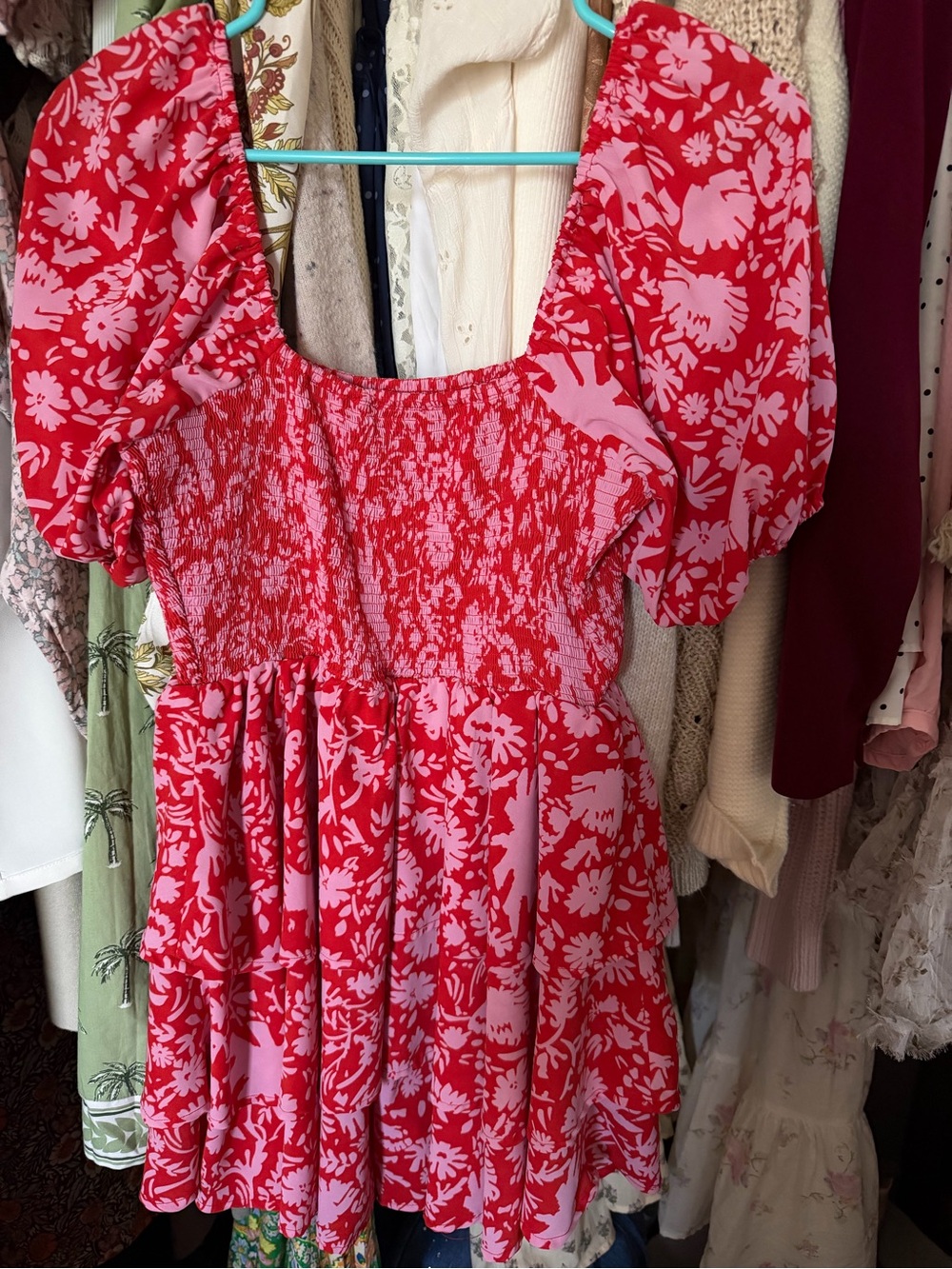 entro Red and Pink Smocked Floral Mini Dress
